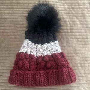 Free People Black White Burgundy Canle Knit Pom Hat